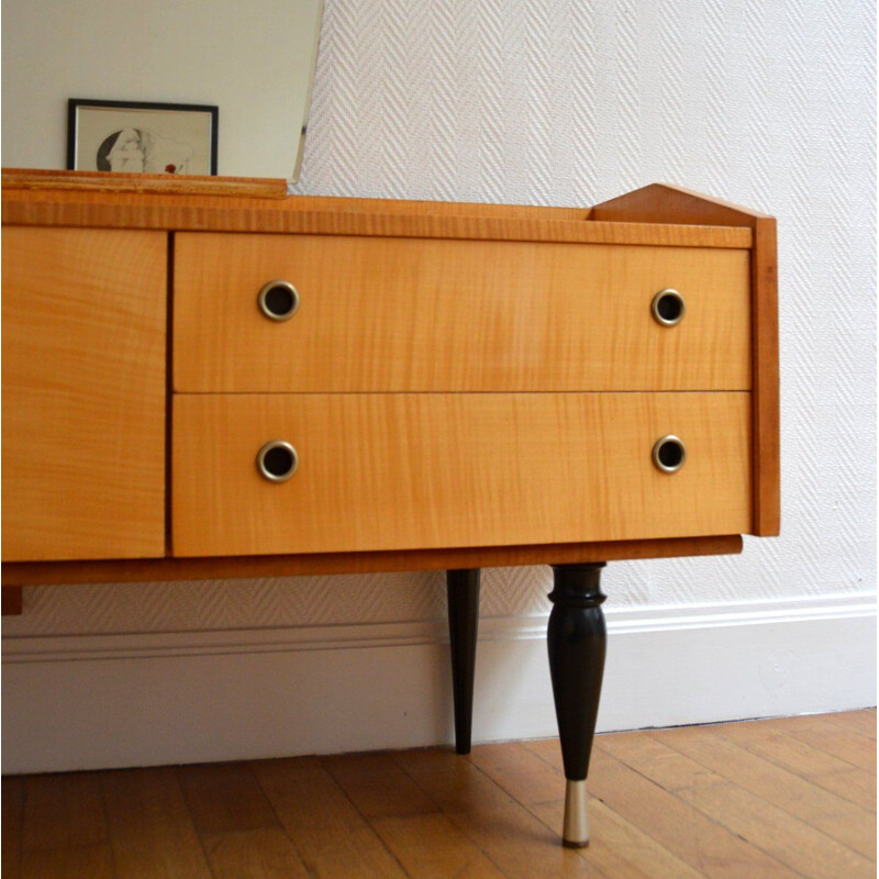 Vintage Dressing table in blond wood with large mirror 1960