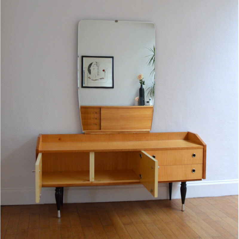 Vintage Dressing table in blond wood with large mirror 1960