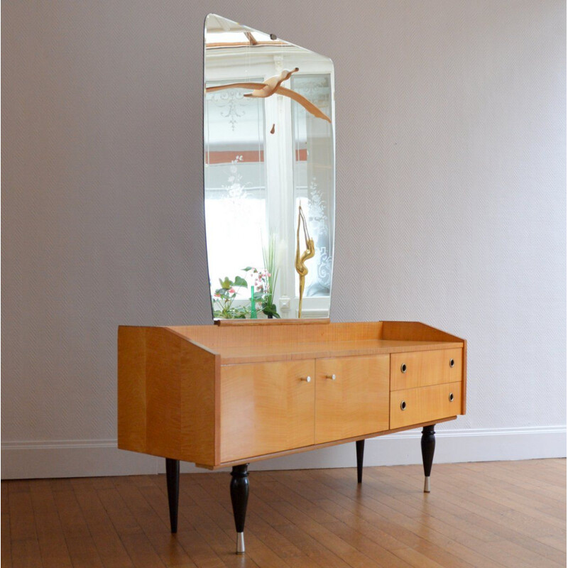 Vintage Dressing table in blond wood with large mirror 1960