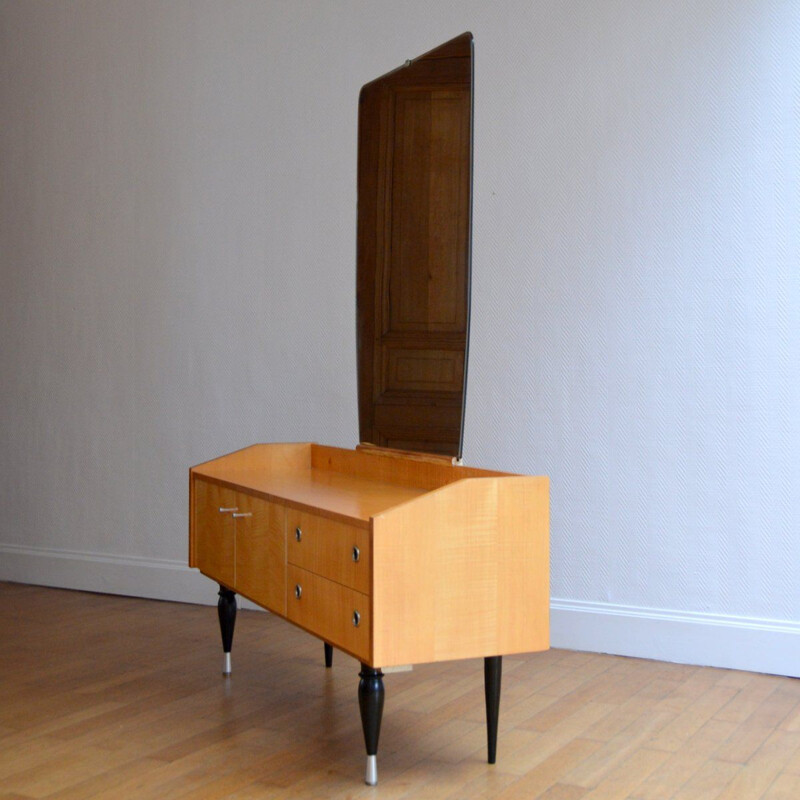 Vintage Dressing table in blond wood with large mirror 1960