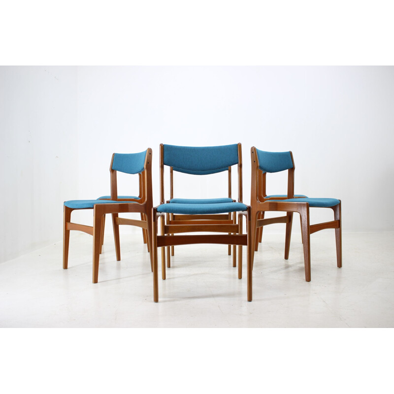 Vintage Set of 6 Dining Chairs in teak and blue fabric, Denmark, 1960s