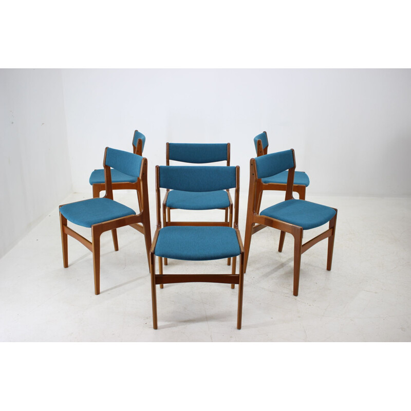 Vintage Set of 6 Dining Chairs in teak and blue fabric, Denmark, 1960s