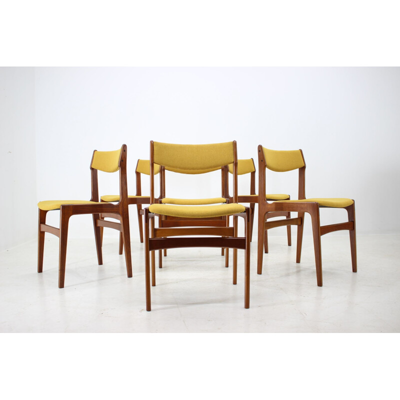 Suite de 6 chaises Vintage en teck et tissu jaune, Danemark, 1960