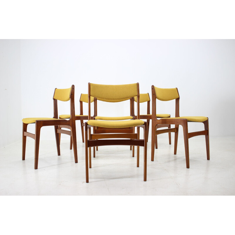 Vintage Set Of 6 Dining Chairs in teak and yellow fabric, Denmark, 1960