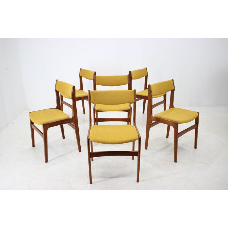 Vintage Set Of 6 Dining Chairs in teak and yellow fabric, Denmark, 1960