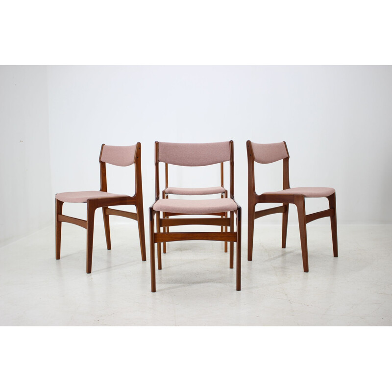 Suite de 4 chaises vintage en teck et rembourrées de tissu rose, Danemark, 1960