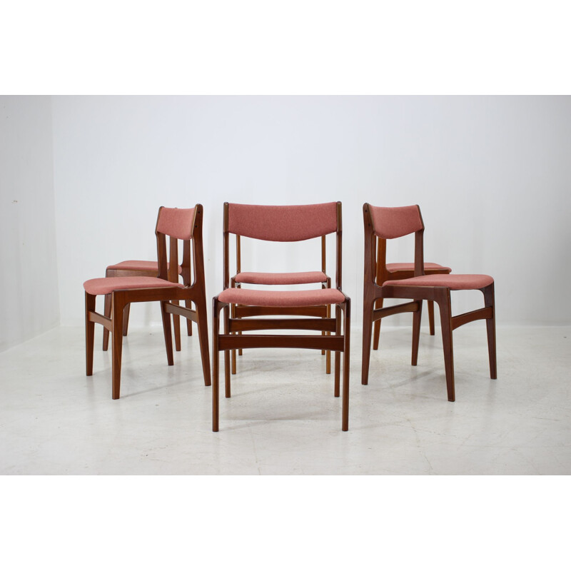 Vintage Set of 4 Dining Chairs in Teak and pink fabric, Denmark, 1960s