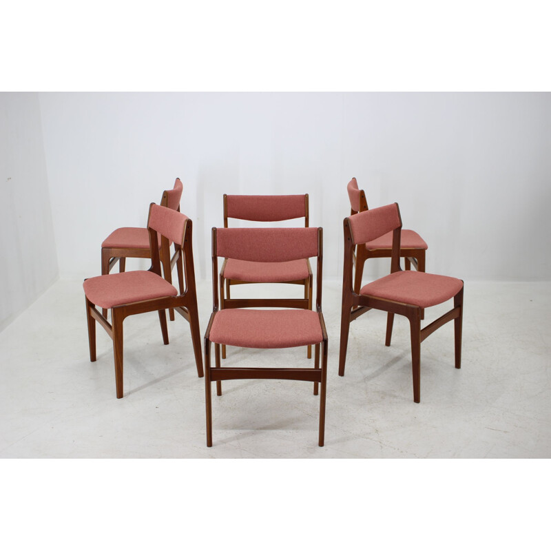 Vintage Set of 4 Dining Chairs in Teak and pink fabric, Denmark, 1960s