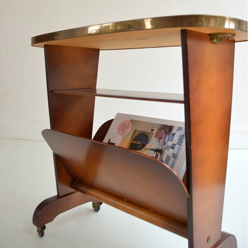 Vintage side table or magazine rack on wheels 1950s