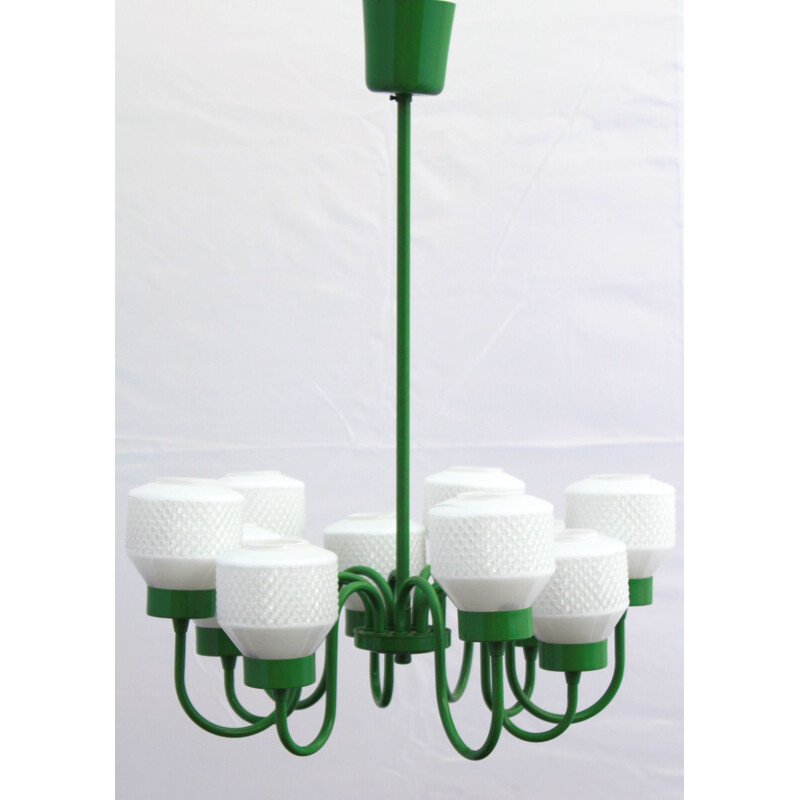 Vintage sputnik chandelier in green metal and opalin 1970