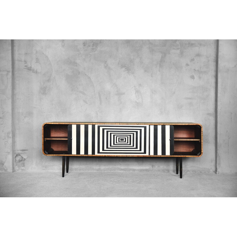 Vintage rounded sideboard in walnut and with Op-Art pattern 1960s