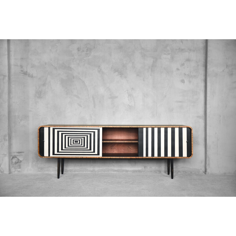 Vintage rounded sideboard in walnut and with Op-Art pattern 1960s