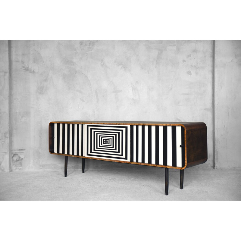 Vintage rounded sideboard in walnut and with Op-Art pattern 1960s