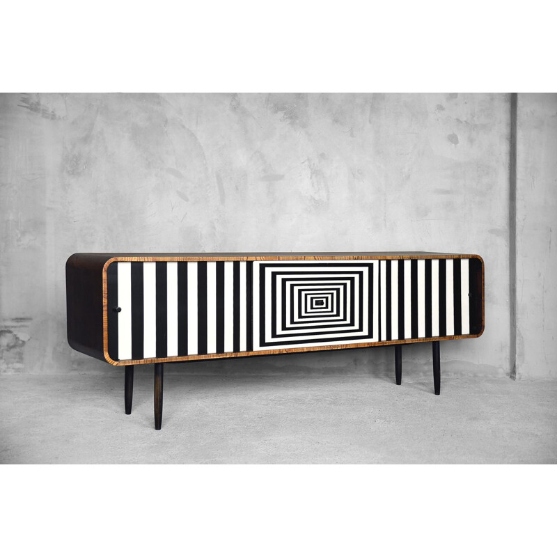 Vintage rounded sideboard in walnut and with Op-Art pattern 1960s