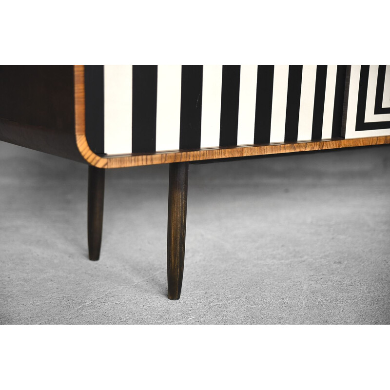 Vintage rounded sideboard in walnut and with Op-Art pattern 1960s