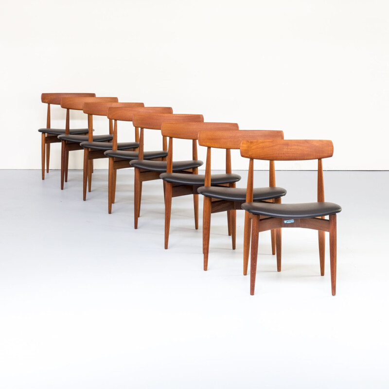 Set of 8 vintage chairs for Bramin in teak and black leatherette 1960s