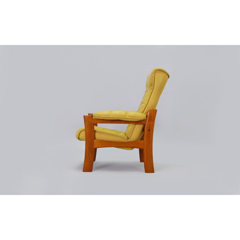 Fauteuil vintage scandinave en cuir marron et teck  1970