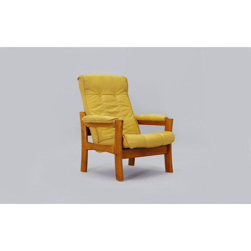 Fauteuil vintage scandinave en cuir marron et teck  1970