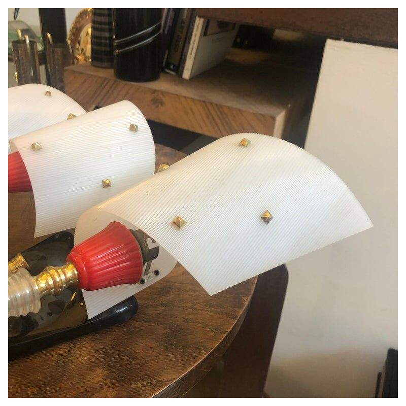 Pair of multicolored wall lights in brass and plastic