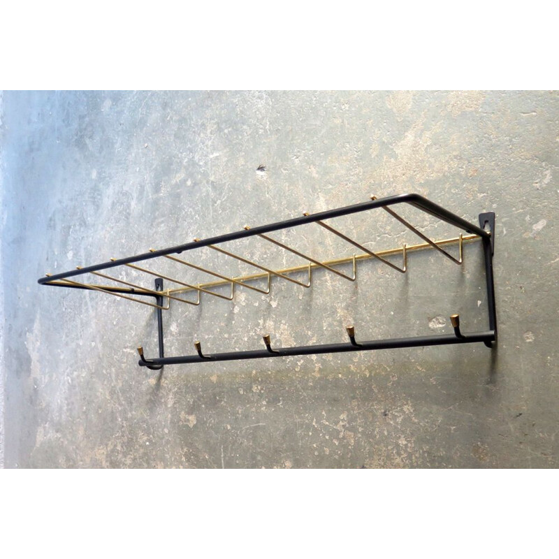 Vintage coat rack in black and golden metal, 1950s