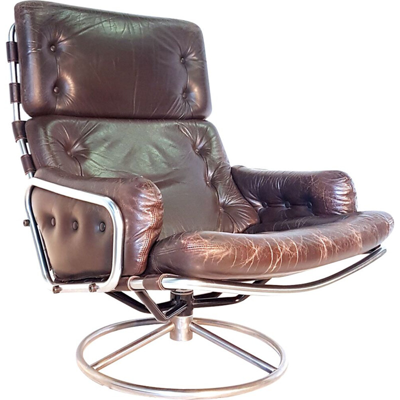 Vintage Tanabe SZ19 swivel chair for t Spectrum in brown leather and metal 1960s