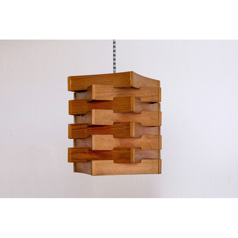 Vintage scandinavian hanging lamp in Pine Veneer, 1960s