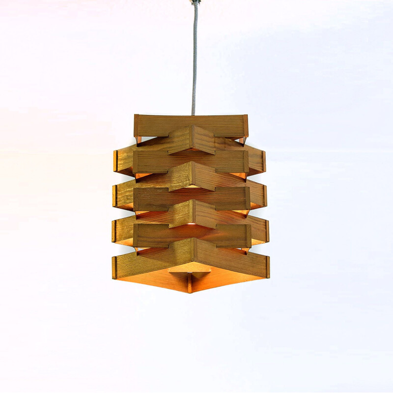 Vintage scandinavian hanging lamp in Pine Veneer, 1960s