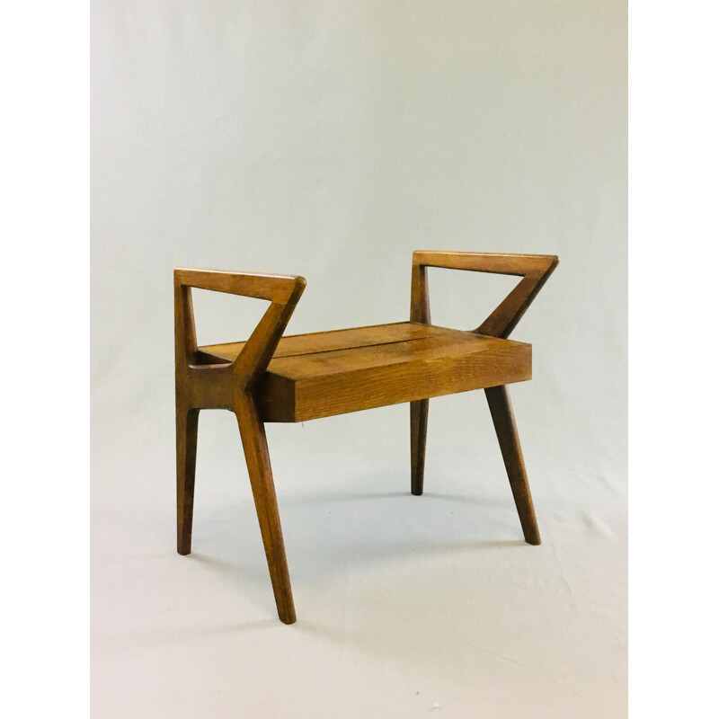 Modernist french vintage oak wooden stool 1950