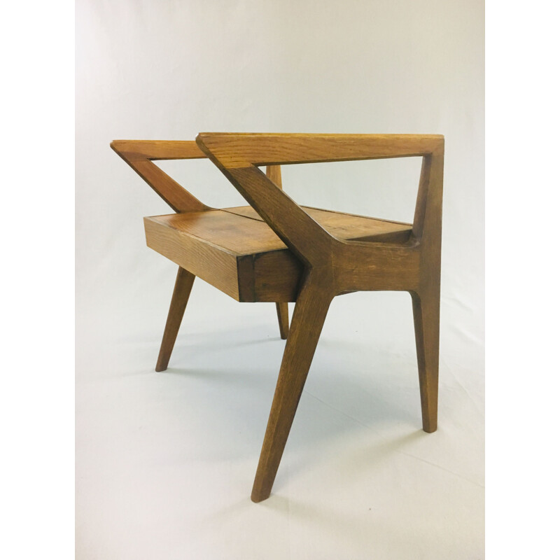 Modernist french vintage oak wooden stool 1950