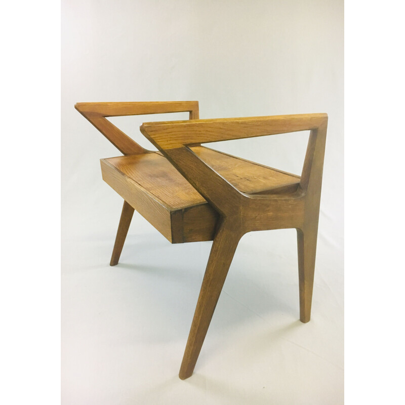 Tabouret vintage français moderniste en bois de chêne 1950