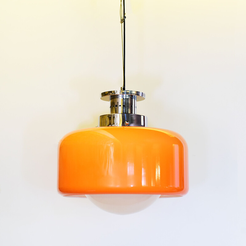 Vintage hanging lamp in glass and orange plastic 1970s