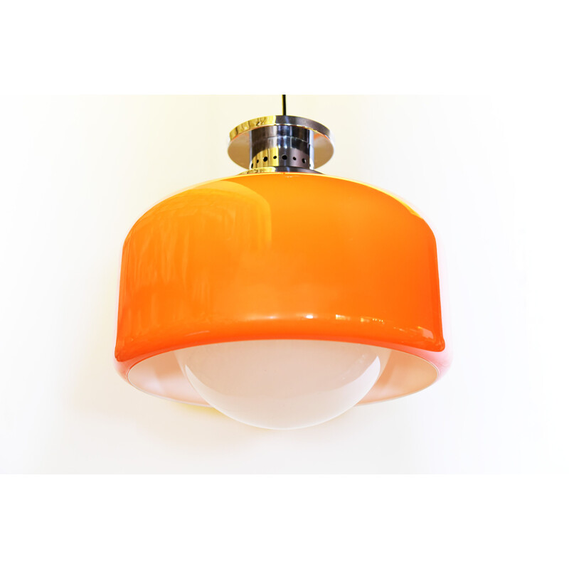 Vintage hanging lamp in glass and orange plastic 1970s