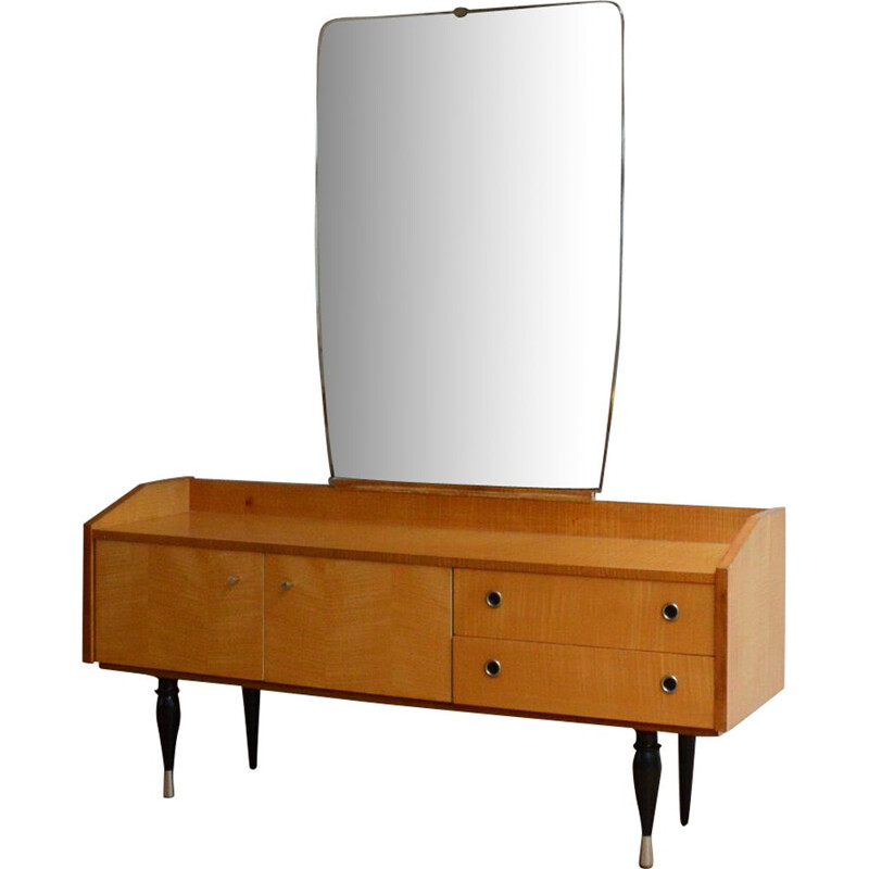 Coiffeuse Vintage en bois blond et grand miroir 1960