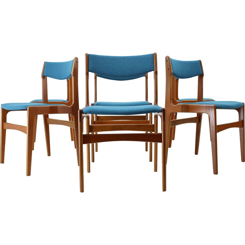 Vintage Set of 6 Dining Chairs in teak and blue fabric, Denmark, 1960s