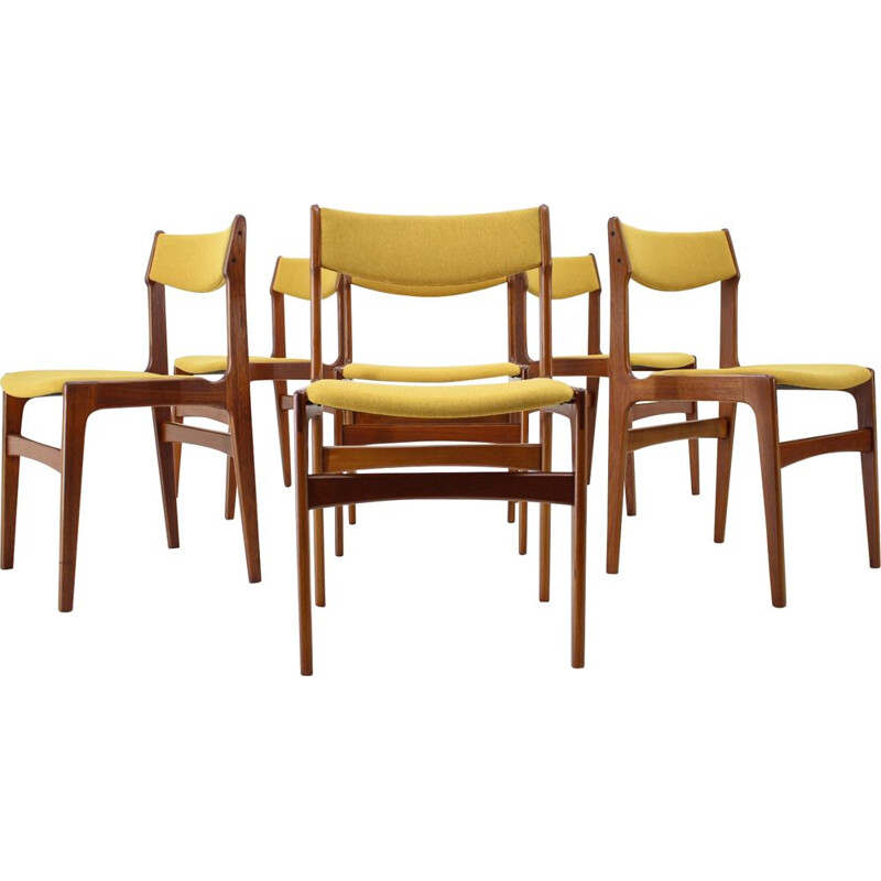 Vintage Set Of 6 Dining Chairs in teak and yellow fabric, Denmark, 1960