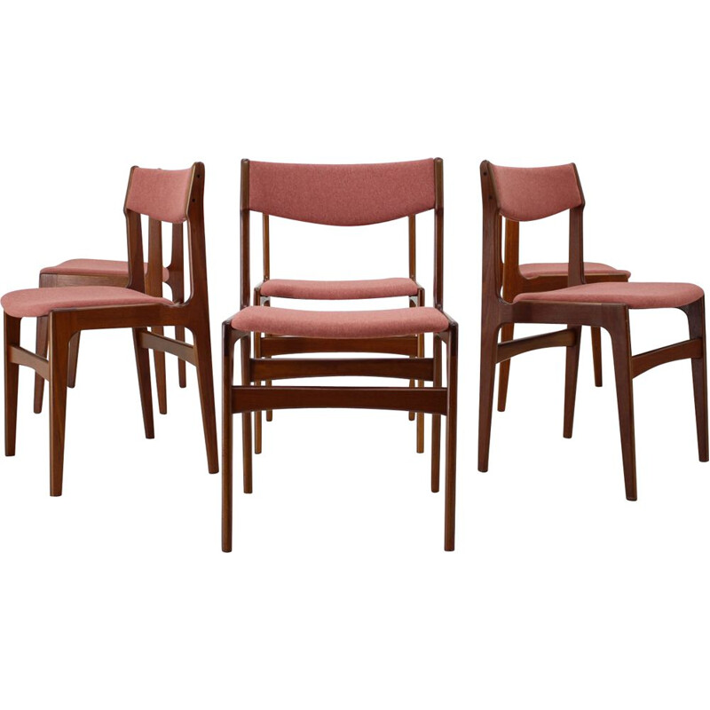 Vintage Set of 4 Dining Chairs in Teak and pink fabric, Denmark, 1960s