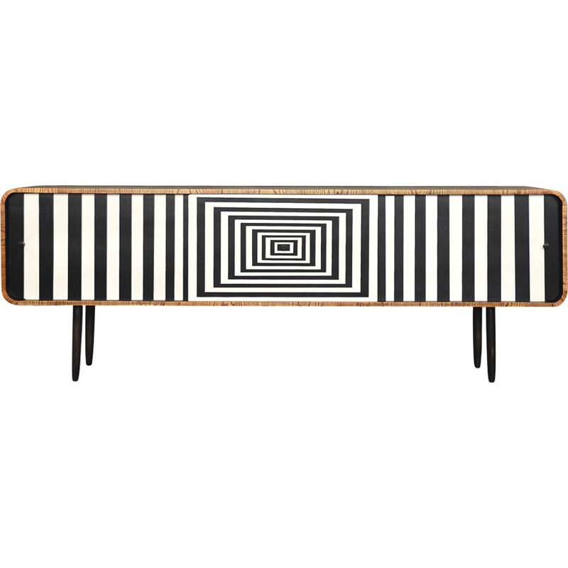 Vintage rounded sideboard in walnut and with Op-Art pattern 1960s