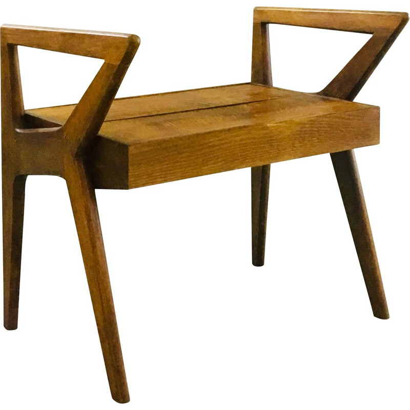 Modernist french vintage oak wooden stool 1950