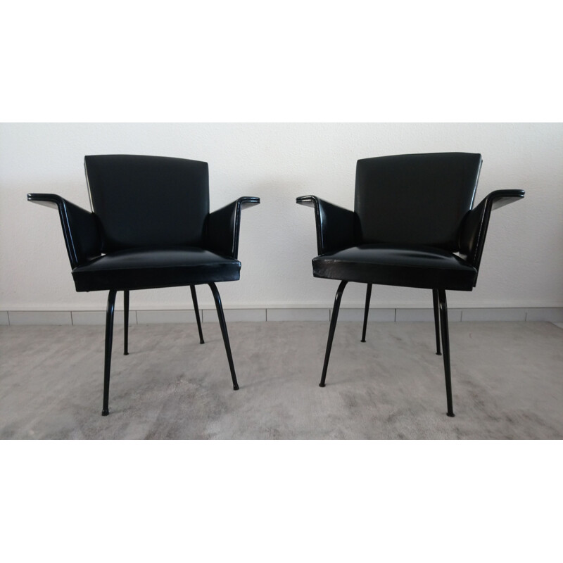 Pair of vintage armchairs in black leatherette, France, 1960