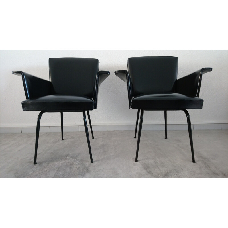 Pair of vintage armchairs in black leatherette, France, 1960