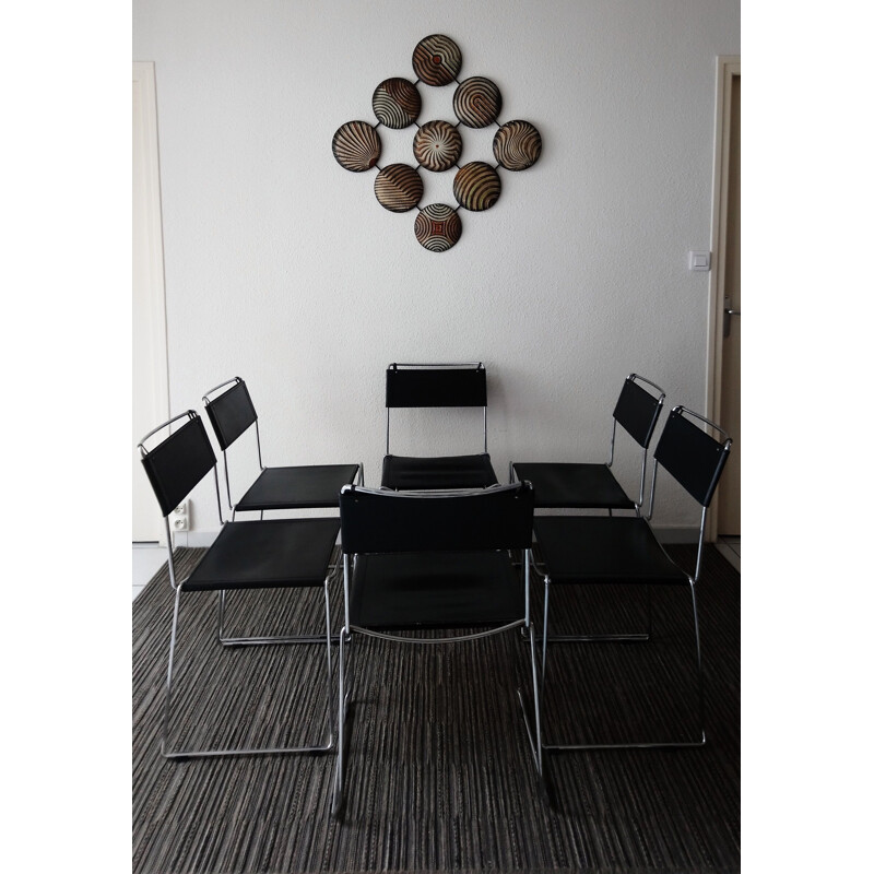 Suite of 6 vintage chairs in black leather, Italy