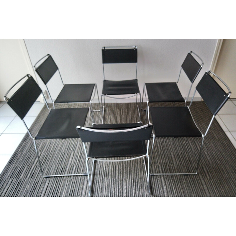 Suite of 6 vintage chairs in black leather, Italy