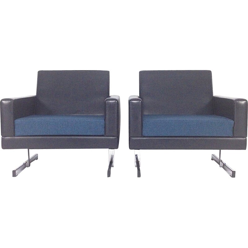 Pair of Dutch black and blue lounge club armchairs - 1960s
