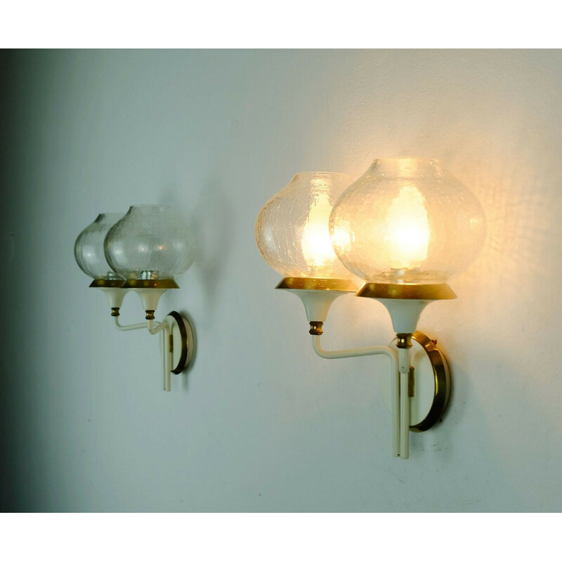 Pair of vintage wall lamps in brass and glass 1960s