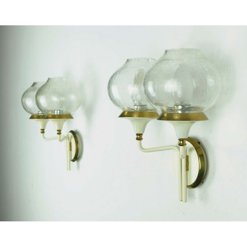 Pair of vintage wall lamps in brass and glass 1960s