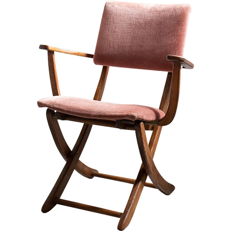 Chaise italienne pliante en marron, velours et cuivre - 1950