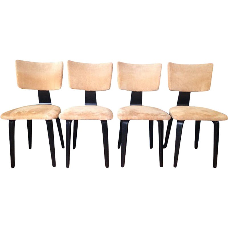 Ensemble de 4 chaises en bois laqué et nubuck, Cor ALONS - 1950