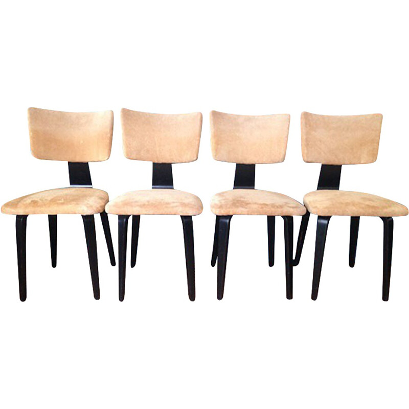 Set of 4 vintage chairs in lacquered wood and nubuck leather, Cor ALONS - 1950s