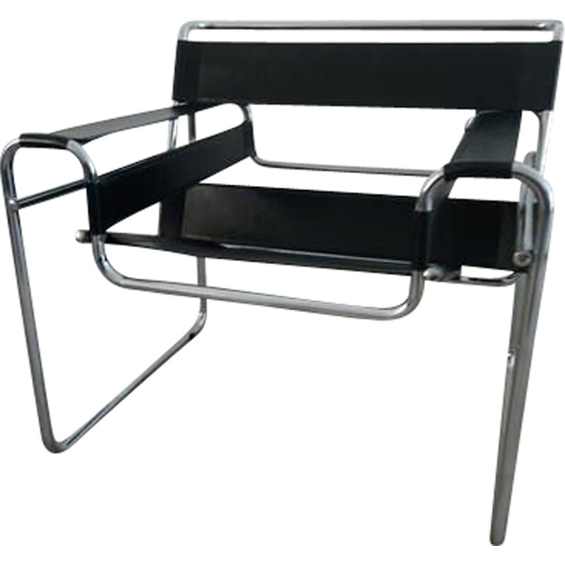 Vintage Wassily B3 chair in black leather and chrome steel by Marcel Breuer, Italy, 1980