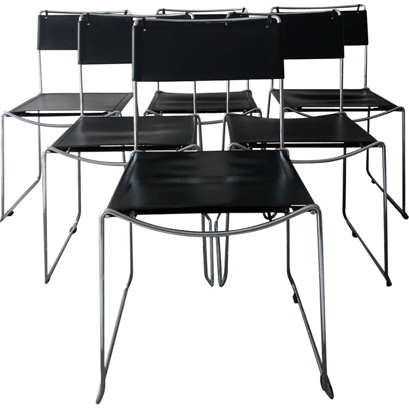 Suite de 6 chaises vintage en cuir noir design, Italie
